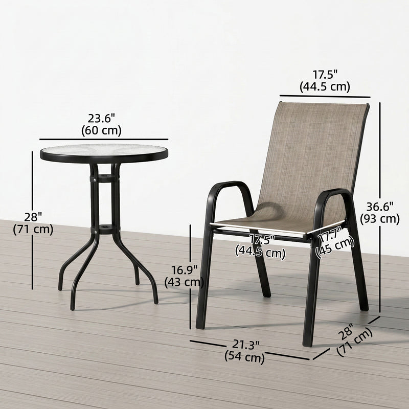 Outsunny - 3 Pieces Bistro Set, Small Patio Furniture Set with Stackable Mesh Chairs, Glass Table for Garden, Light Mixed Brown