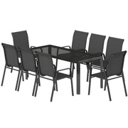 Outsunny - 9 Pieces Patio Set with Stackable Chairs, Patio Dining Set with Glass Top for Garden, Patio, Backyard, Black