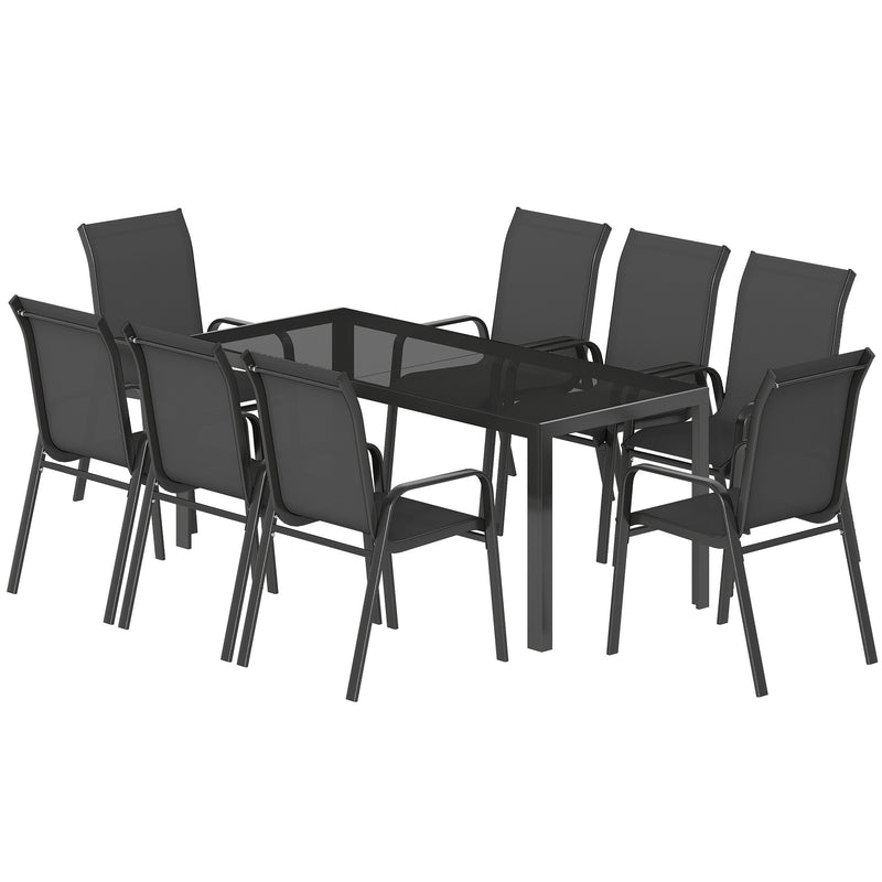 Outsunny - 9 Pieces Patio Set with Stackable Chairs, Patio Dining Set with Glass Top for Garden, Patio, Backyard, Black