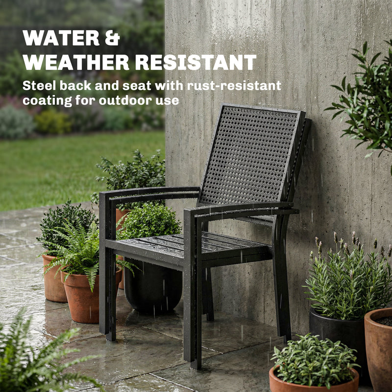 Outsunny - Stackable Patio Chairs Set of 2, Outdoor Dining Chairs with Faux Wicker Steel Mesh Back, Slatted Seat, Armrests, Black