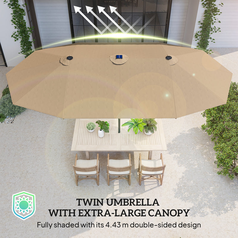 Outsunny - 174" Double-Sided Sun Umbrella Garden Parasol Patio Sun Shade Outdoor with LED Solar Light, Khaki — 84D-106CF