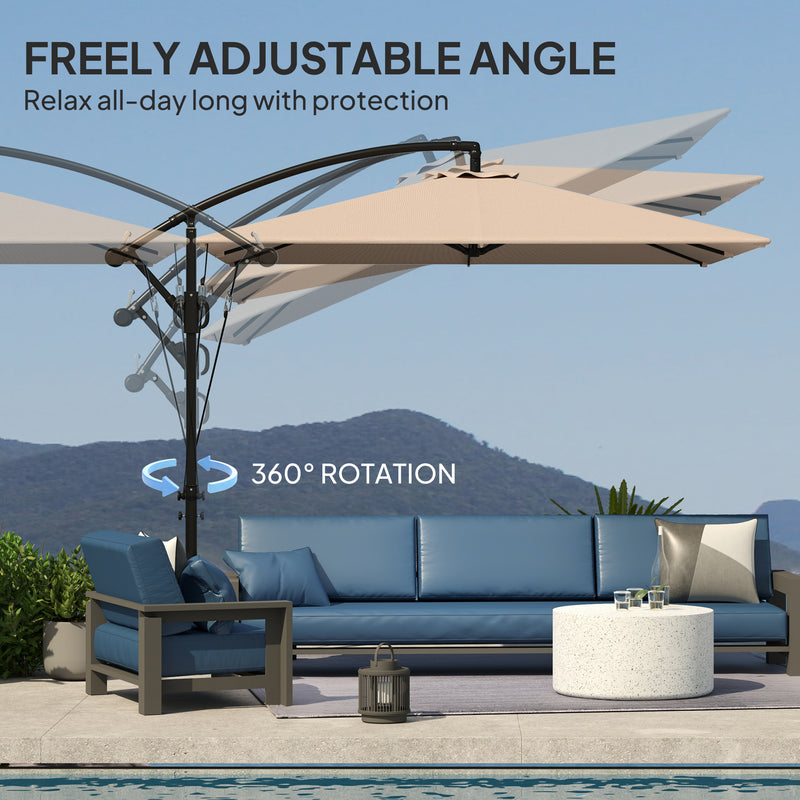 Outsunny - Patio Offset Umbrella UPF 50+ UV Protection, Crank Parasol with Base, Cover & Wind Securing, Khaki — 84D-419V00KK
