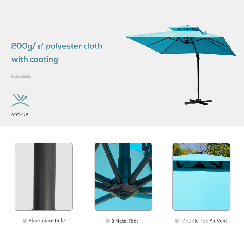 10' x 10' Cantilever Patio Umbrella, Double Top Square Offset Umbrella with 360° Rotation, 5 Adjustable Tilt Angles, Umbrella Cover, Aluminum Pole and Ribs, Light Blue