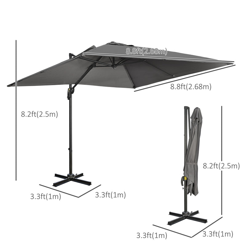 9ft Cantilever Patio Umbrella, Square Overhanging Umbrella with Cross Base, Crank Handle, Tilt, 360° Rotation and Aluminum Frame, Dark Grey
