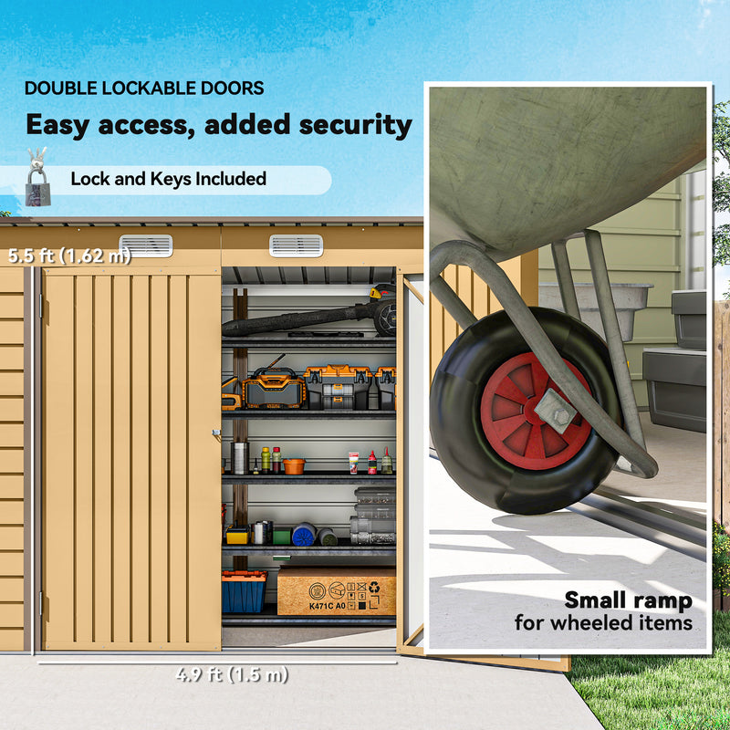 8 x 4FT Galvanized Garden Storage Shed, Metal Outdoor Shed with Double Doors and 2 Vents, Yellow