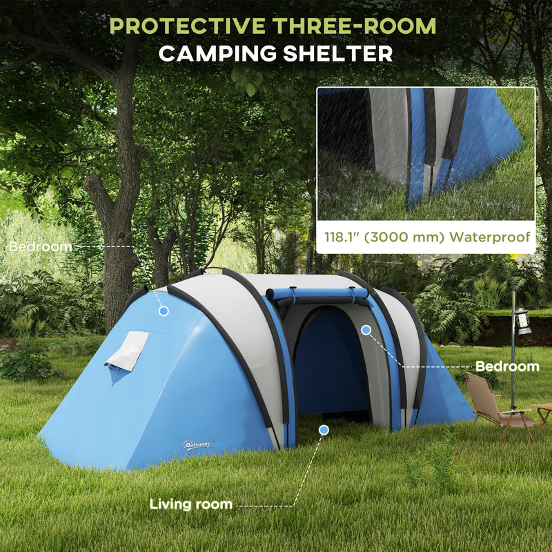 Outsunny - Camping Tent with 2 Bedrooms and Living Area, 3000mm Waterproof Family Tent, for Fishing Hiking Festival, Blue