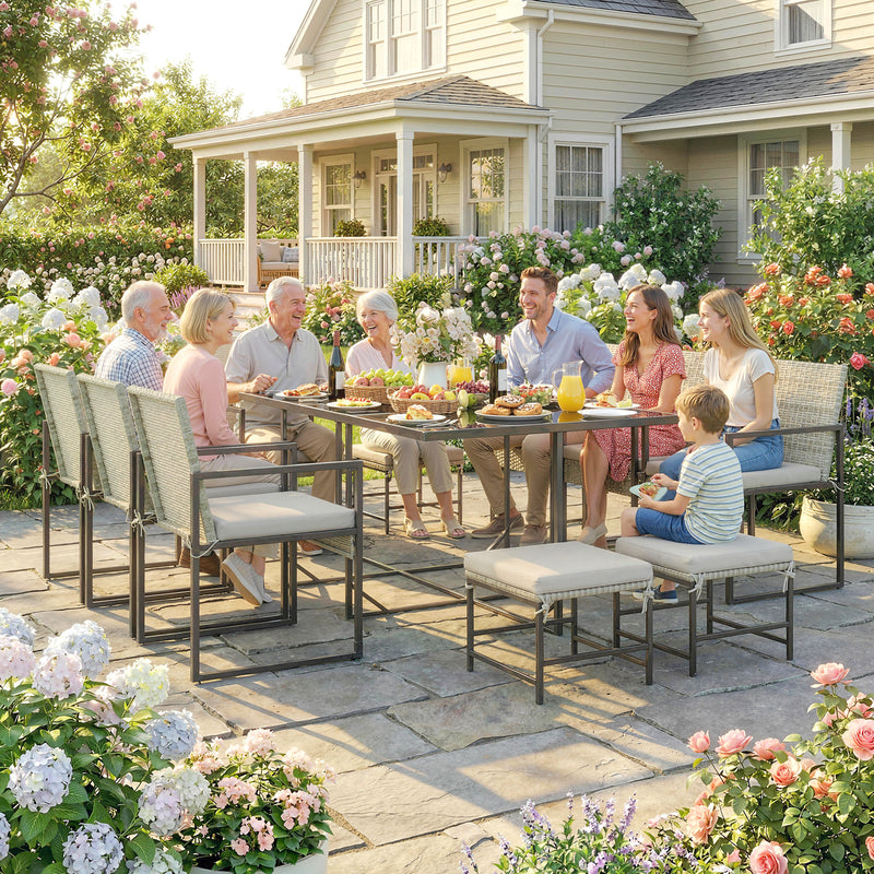 Outsunny - 11 Pieces Wicker Patio Dining Set, Rattan Outdoor Furniture Set with 6 Armchairs, 4 Stools, Light Grey