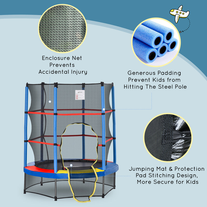 Aosom 55" Kids Trampoline with Enclosure Net for Indoor/Outdoor, Trampoline for Boys and Girls Age 3-6 Years, Multi-Coloured