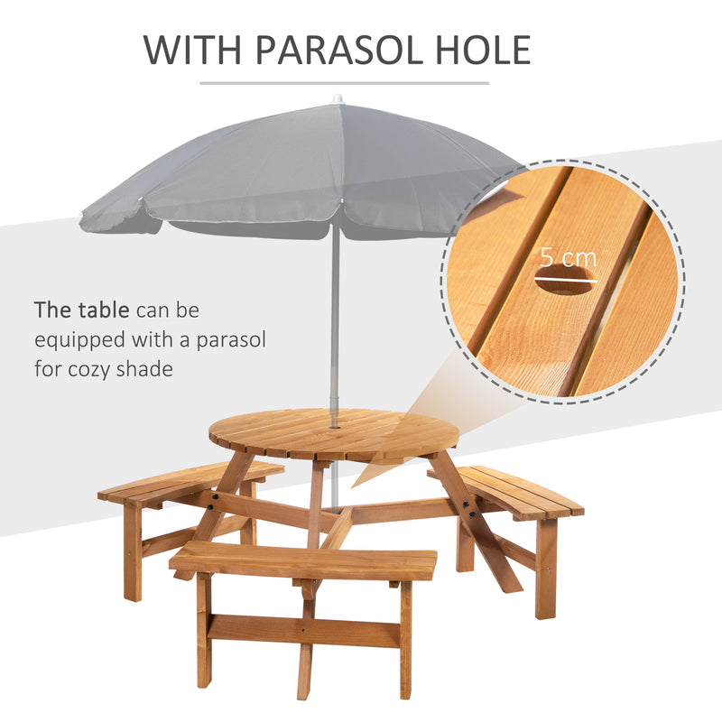Outsunny - 6 Person Round Picnic Table Bench Set with Umbrella Hole, Wood Patio Table with 3 Built-in Benches for Garden, Deck, Backyard, Brown