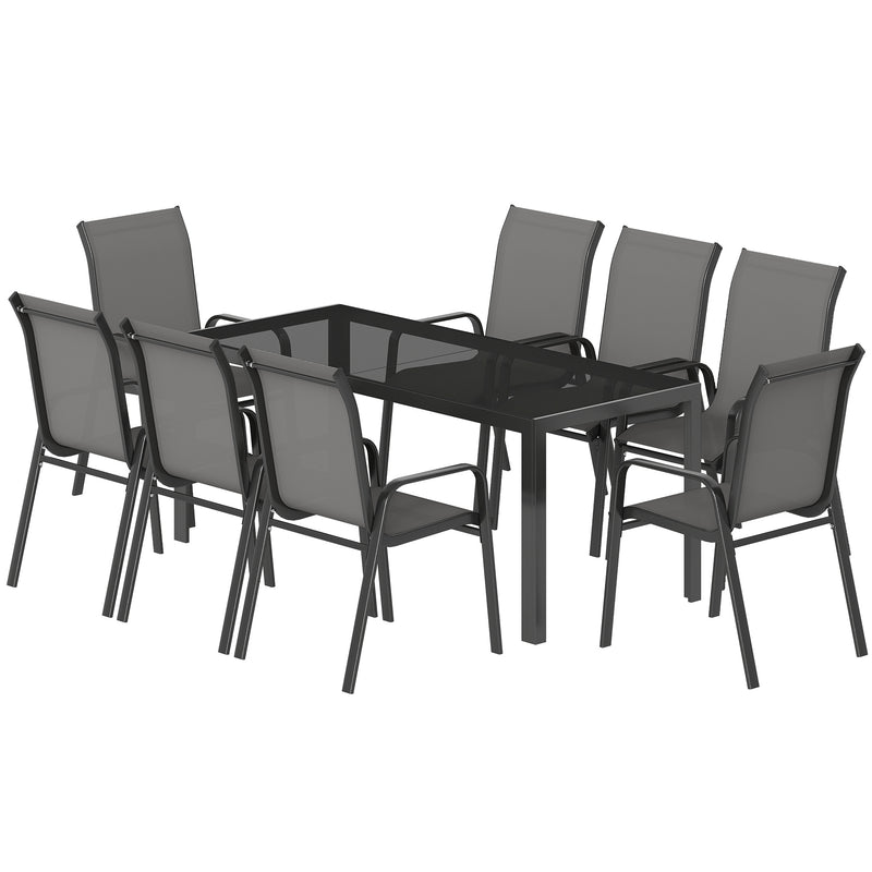 Outsunny - Outdoor Dining Sets for 8 with Stackable Chairs, Patio Dining Set with Glass Top Table for Garden, Patio, Backyard, Dark Grey