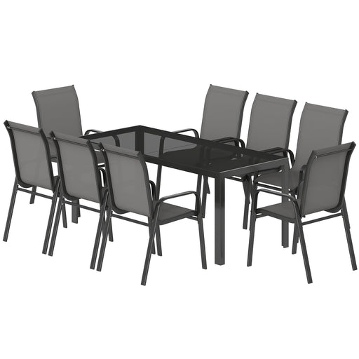 Outsunny - Outdoor Dining Sets for 8 with Stackable Chairs, Patio Dining Set with Glass Top Table for Garden, Patio, Backyard, Dark Grey