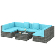 Outsunny - 7 Pieces Outdoor Rattan Furniture Set, Patio Wicker Sectional Conversation Sofa Set, Blue