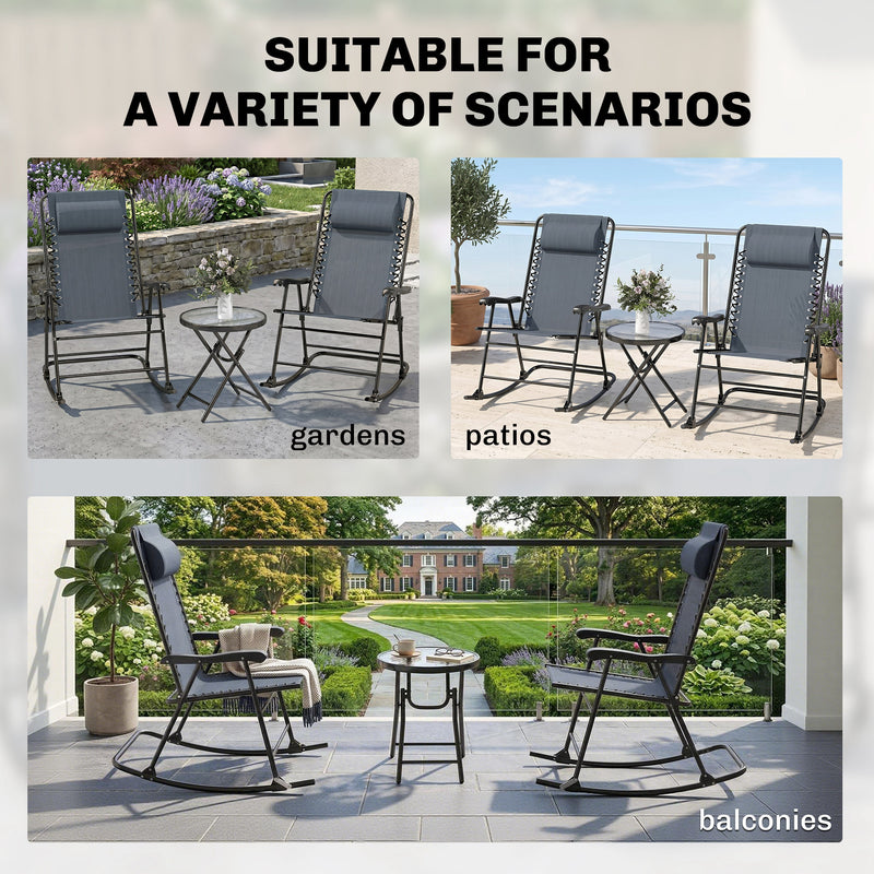 Outsunny - 3pc Patio Rocking Chair Set, Folding Outdoor Rocking Chairs and Table Bistro Set w/ Breathable Mesh Seat & Backrest, Headrest for Park, Backyard, Garden, Grey