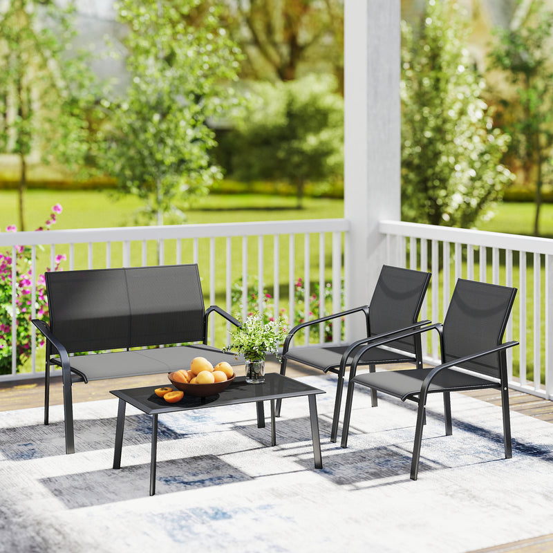 Outsunny - 4 Piece Patio Furniture Set, Outdoor Conversation Set with Deep Seat, Loveseats, Armchairs, Glass-Top Table, Black