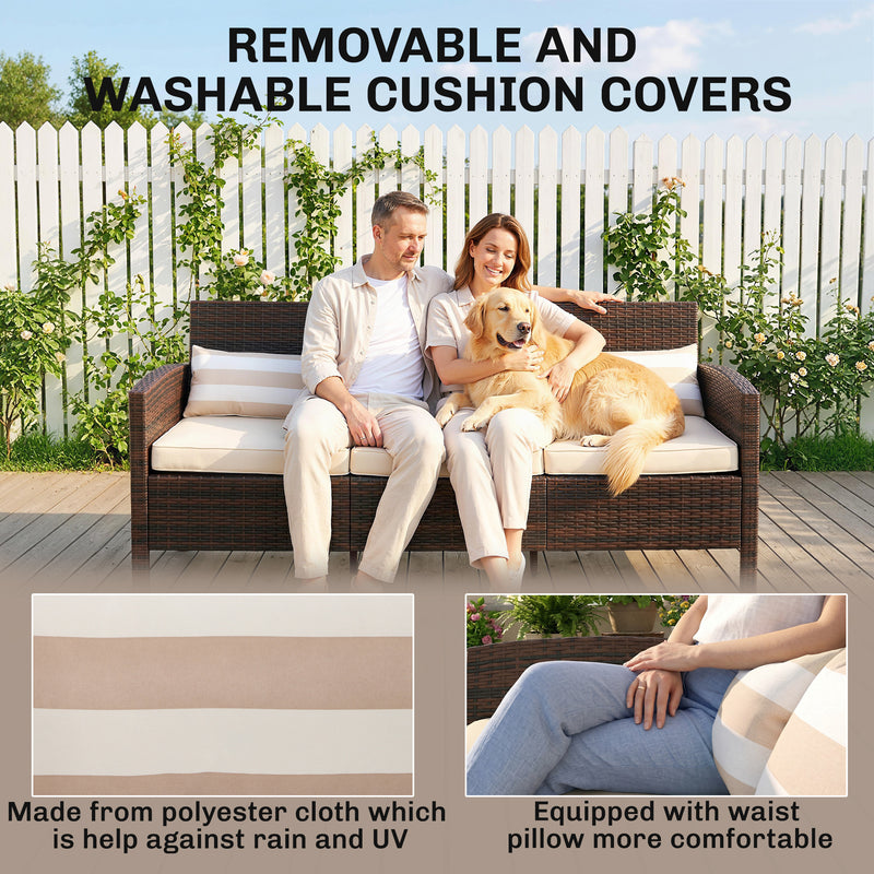 Outsunny - 3-Seater Wicker Sofa, PE Rattan Outdoor Couch Conversation Furniture with Removable Cushions for Patio, Garden, Brown