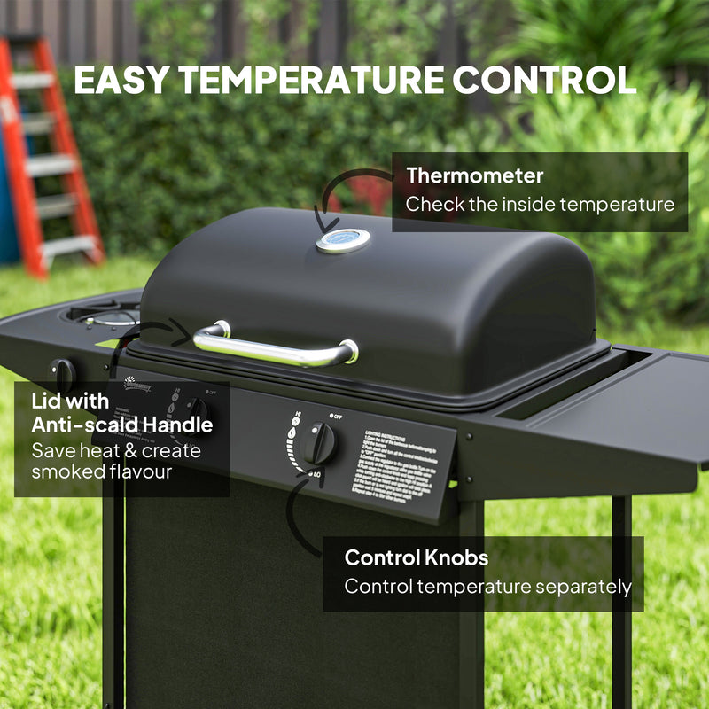 Outsunny - 2+1 Burner Propane Gas BBQ Grill, Portable Gas Barbecue Grill with Side Burner, Thermometer, Lid, Side Table, Shelf, Spice Rack, Wheels, Grease Cup for Garden, Black