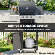 Outsunny - 3 Burner Propane Gas Grill with Side Burner, 36,000 BTU BBQ Grill with Cast Iron Grates, Wheels, Warming Rack, Cabinet
