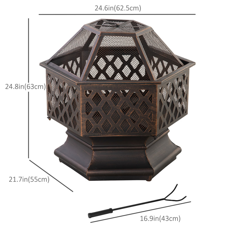 Outsunny - 24.5" Outdoor Fire Pit with Mesh Lid, Portable Wood Burning Firebowl with Poker for Patio, Backyard, Bronze