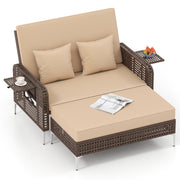 Costway - 2 Piece Patio Rattan Daybed Wicker Loveseat and Ottoman with Adjustable Backrest-Brown