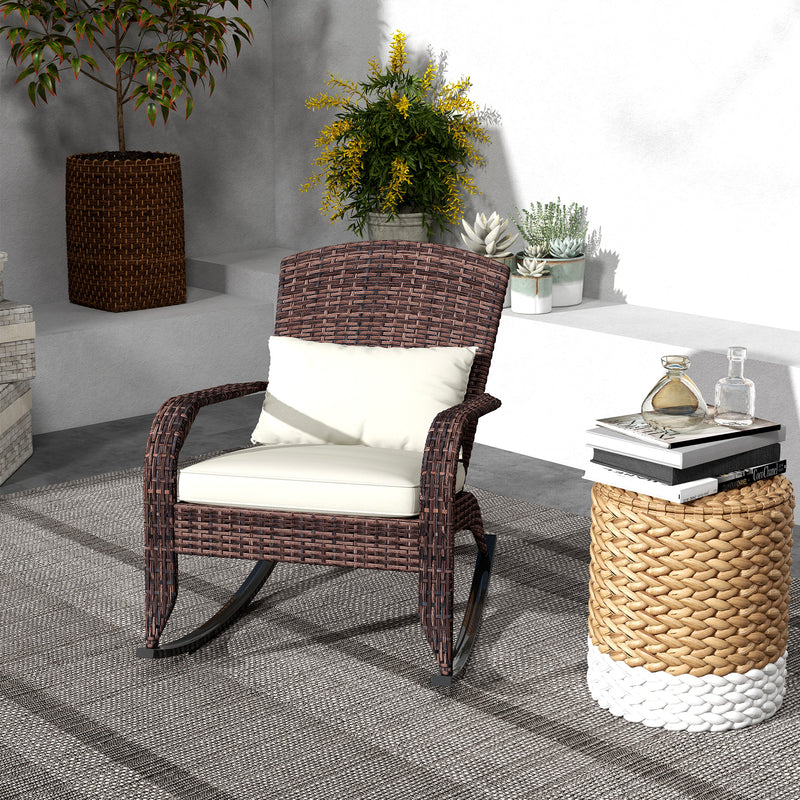 Outsunny - Adirondack Chair, Outdoor Wicker Rocking Chair with High Back, Seat Cushion and Pillow for Porch, Balcony, Cream/Brown