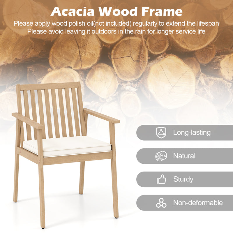 Costway - 2 Pieces Patio Dining Chairs Outdoor Acacia Wood Chairs with Removable Padded Cushion-Oak