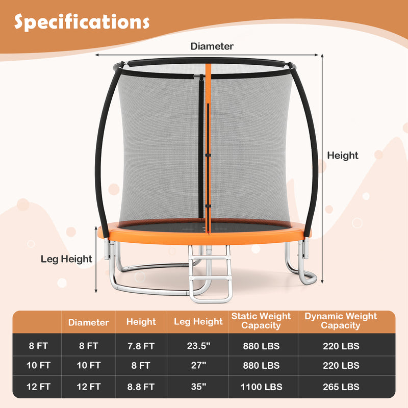 Costway - 10FT Outdoor Trampoline Heavy-Duty Recreational Trampoline with Safety Enclosure Net-Orange