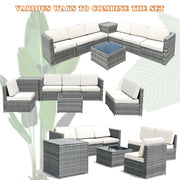 Costway - 8 Piece Wicker Sofa Rattan Dinning Set Patio Furniture with Storage Table-White