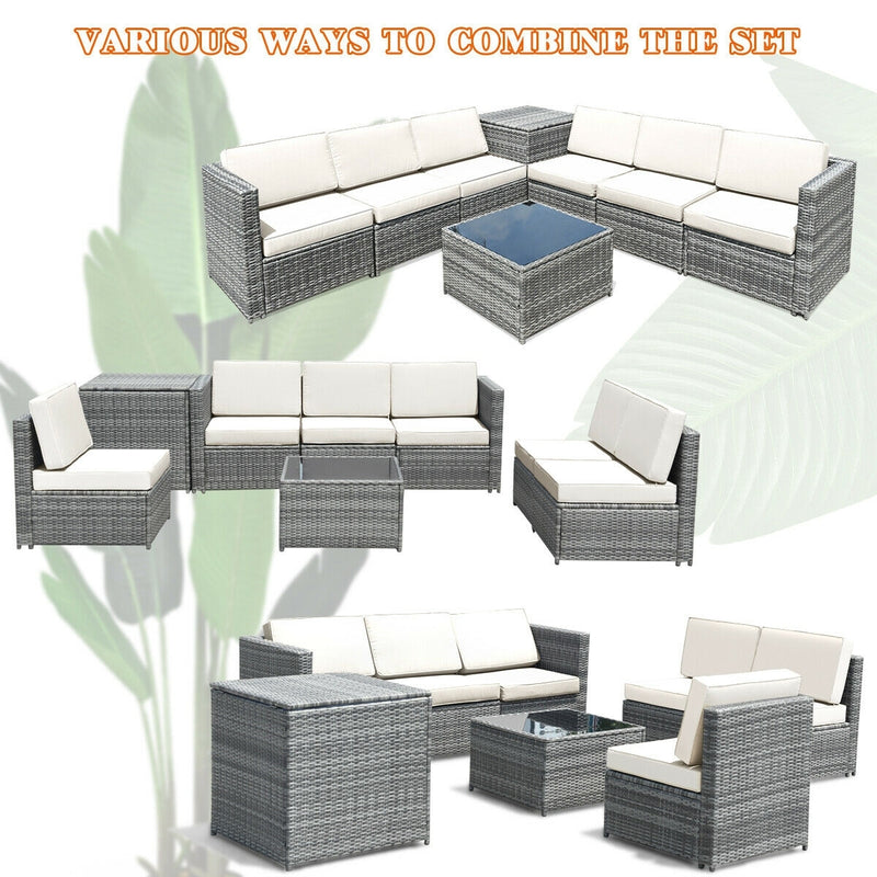Costway - 8 Piece Wicker Sofa Rattan Dinning Set Patio Furniture with Storage Table-White