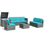 Costway - 8 Piece Wicker Sofa Rattan Dinning Set Patio Furniture with Storage Table-Turquoise