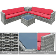 Costway - 8 Piece Wicker Sofa Rattan Dinning Set Patio Furniture with Storage Table-Red