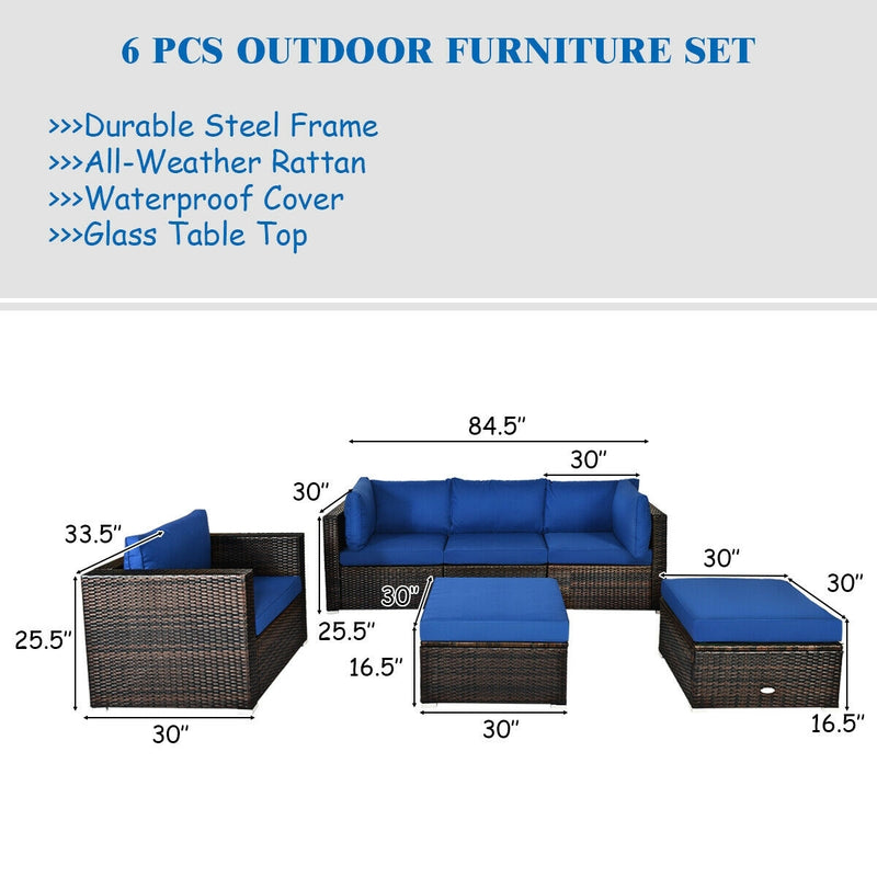 Costway - 6 Pieces Patio Rattan Furniture Set with Sectional Cushion-Blue