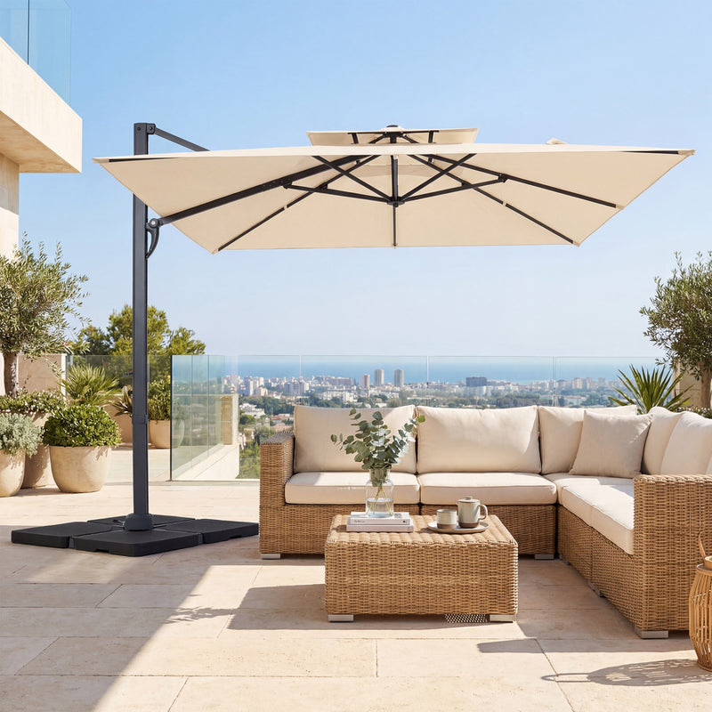 Costway - 10 FT Aluminum Pole Patio Cantilever Umbrella with 220 LBS Base-Beige