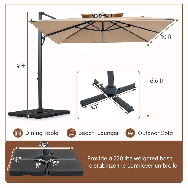 Costway - 10 FT Aluminum Pole Patio Cantilever Umbrella with 220 LBS Base-Brown