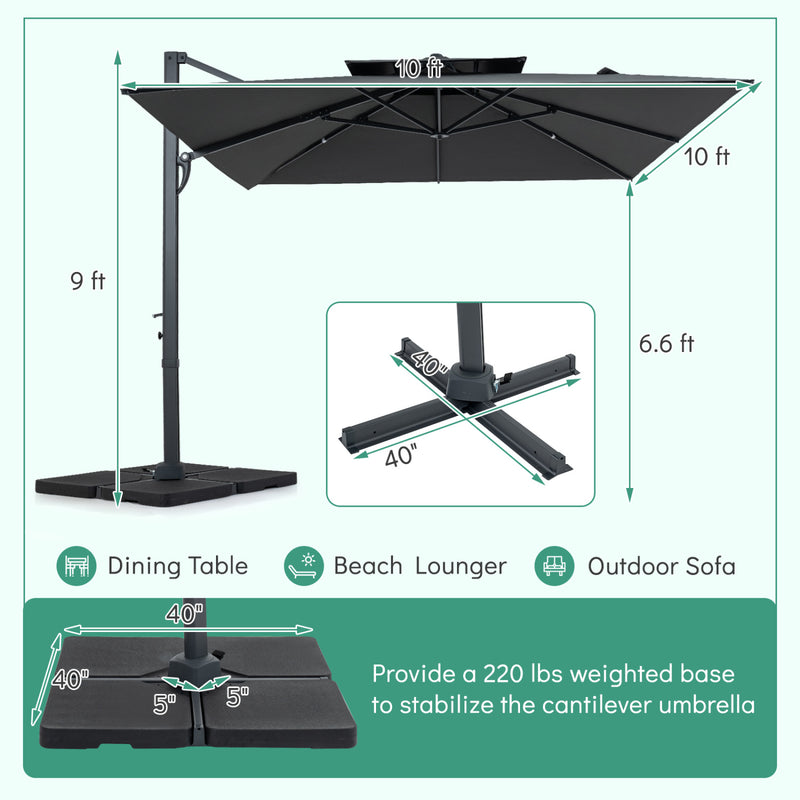 Costway - 10 FT Aluminum Pole Patio Cantilever Umbrella with 220 LBS Base-Gray