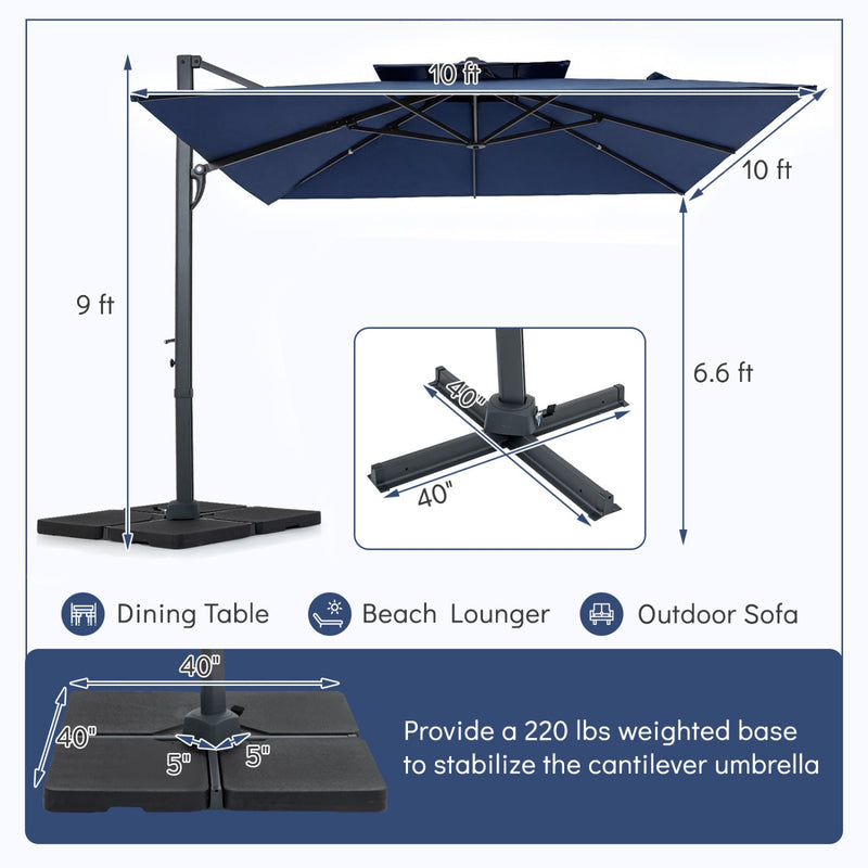 Costway - 10 FT Aluminum Pole Patio Cantilever Umbrella with 220 LBS Base-Dark Blue