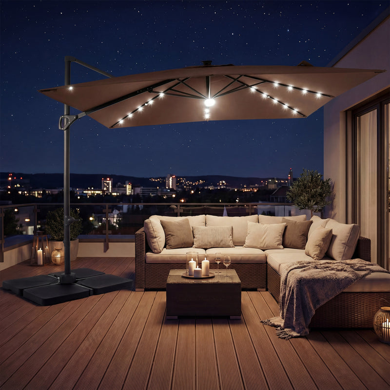 Costway - 10 FT Cantilever Patio Umbrella with 32 Solar LED Lights and 220 LBS Base-Brown