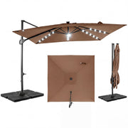 Costway - 10 FT Cantilever Patio Umbrella with 32 Solar LED Lights and 220 LBS Base-Brown