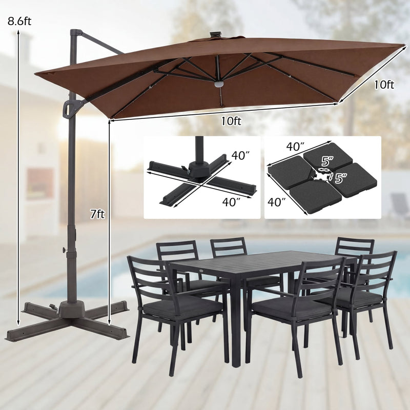 Costway - 10 FT Cantilever Patio Umbrella with 32 Solar LED Lights and 220 LBS Base-Brown