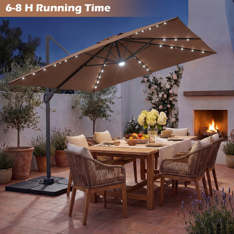 Costway - 10 FT Cantilever Patio Umbrella with 32 Solar LED Lights and 220 LBS Base-Brown