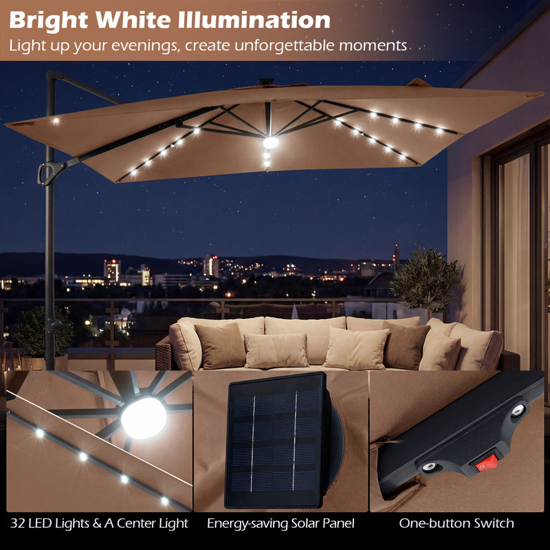 Costway - 10 FT Cantilever Patio Umbrella with 32 Solar LED Lights and 220 LBS Base-Brown