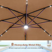 Costway - 10 FT Cantilever Patio Umbrella with 32 Solar LED Lights and 220 LBS Base-Brown