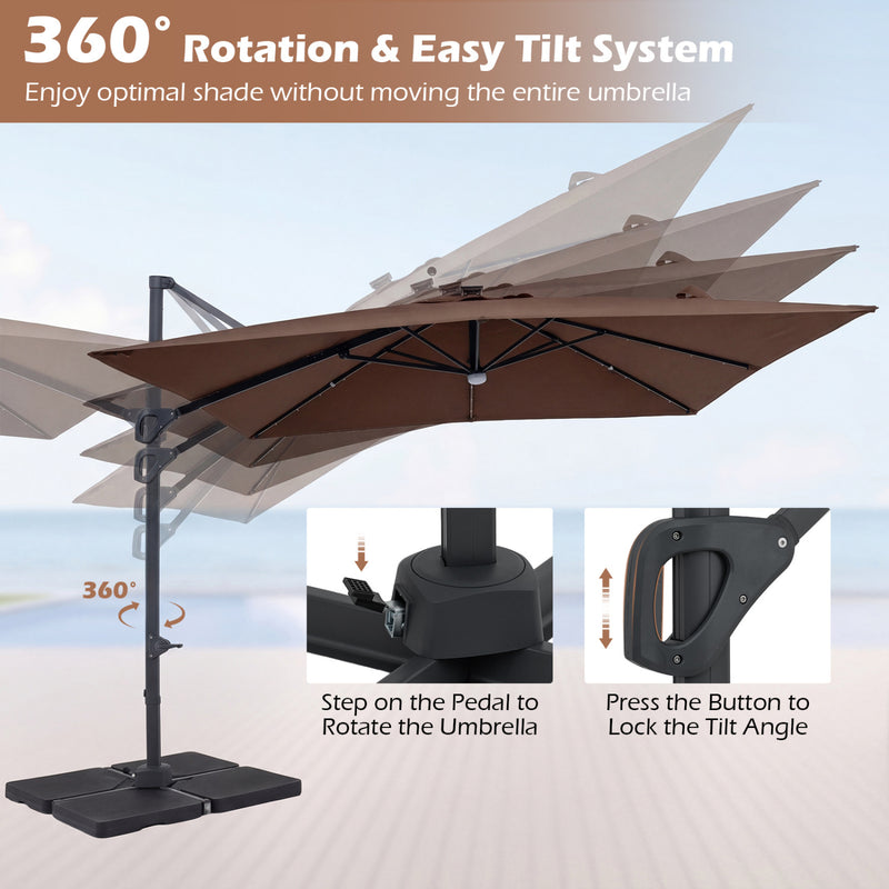 Costway - 10 FT Cantilever Patio Umbrella with 32 Solar LED Lights and 220 LBS Base-Brown