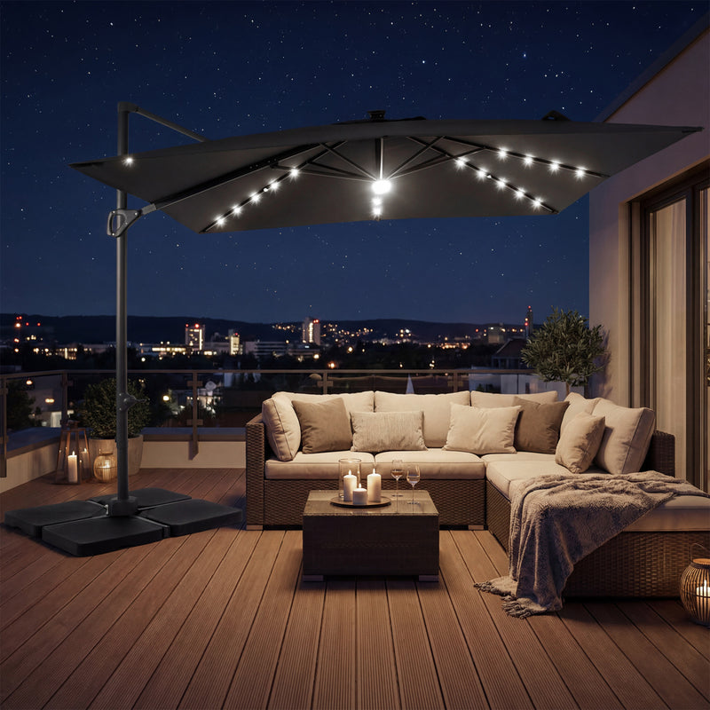 Costway - 10 FT Cantilever Patio Umbrella with 32 Solar LED Lights and 220 LBS Base-Gray