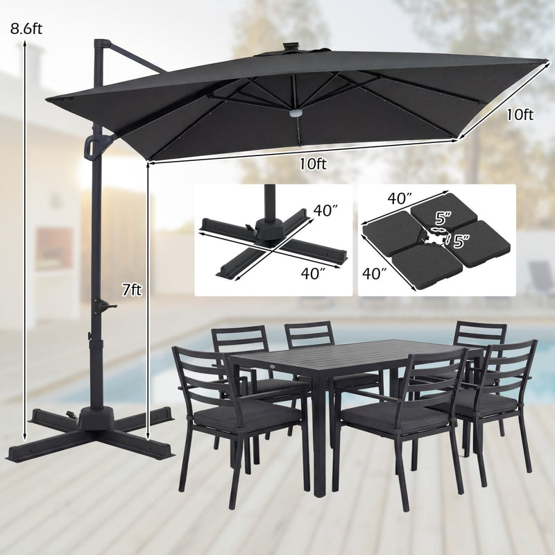 Costway - 10 FT Cantilever Patio Umbrella with 32 Solar LED Lights and 220 LBS Base-Gray