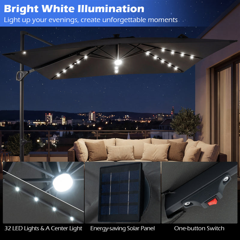 Costway - 10 FT Cantilever Patio Umbrella with 32 Solar LED Lights and 220 LBS Base-Gray