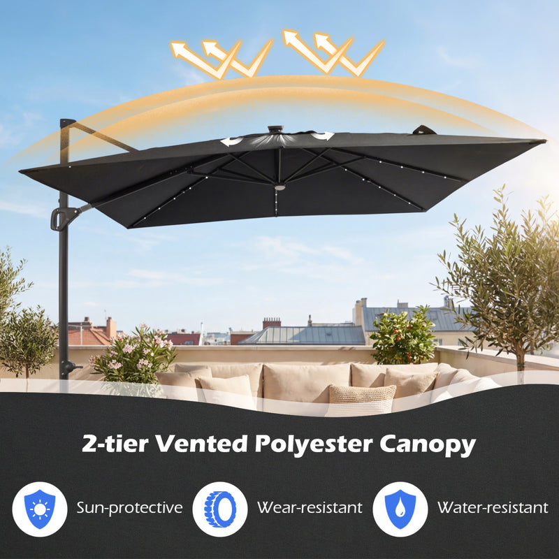 Costway - 10 FT Cantilever Patio Umbrella with 32 Solar LED Lights and 220 LBS Base-Gray