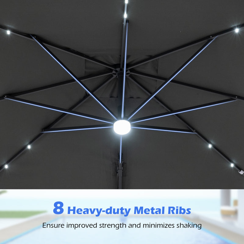 Costway - 10 FT Cantilever Patio Umbrella with 32 Solar LED Lights and 220 LBS Base-Gray