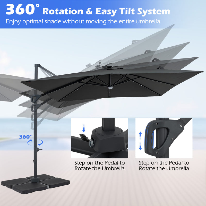 Costway - 10 FT Cantilever Patio Umbrella with 32 Solar LED Lights and 220 LBS Base-Gray