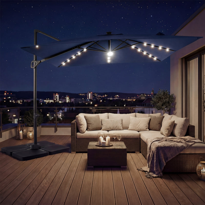 Costway - 10 FT Cantilever Patio Umbrella with 32 Solar LED Lights and 220 LBS Base-Dark Blue
