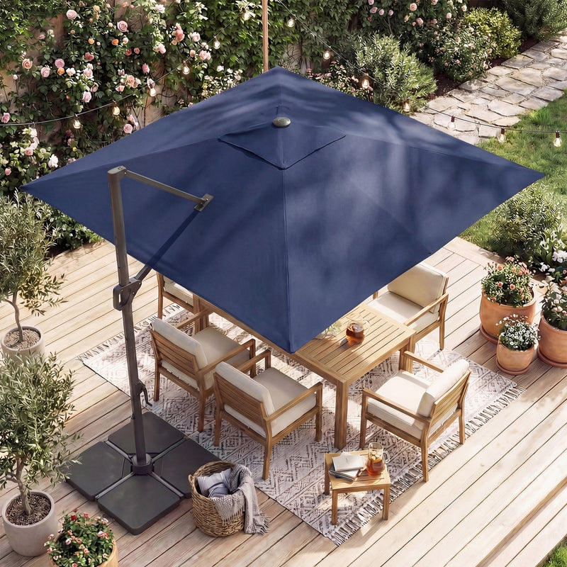 Costway - 10 FT Cantilever Patio Umbrella with 32 Solar LED Lights and 220 LBS Base-Dark Blue